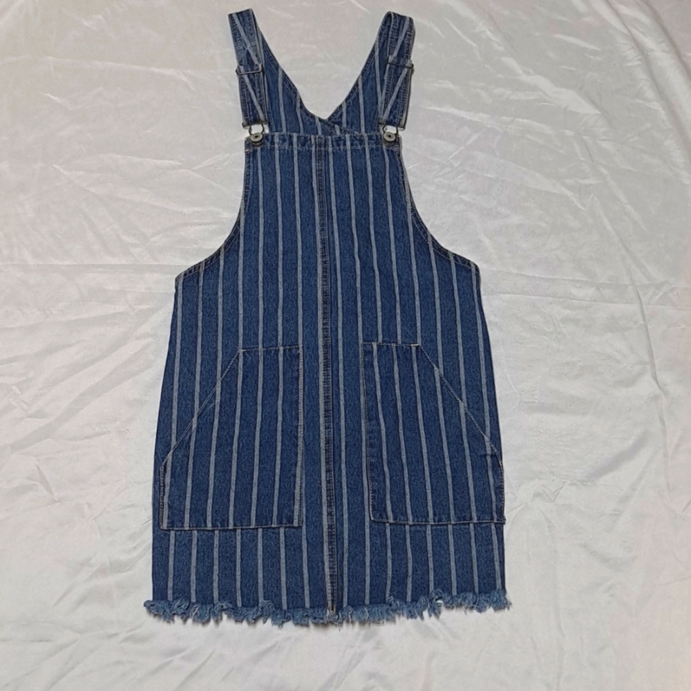 Railroad Striped Denim Overall Jumper Pinafore Mini Dress